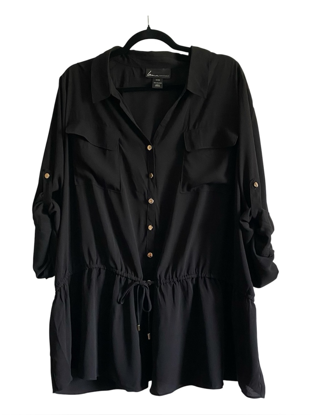 Lane Bryant Black Button Down Roll Tab Sleeve Top